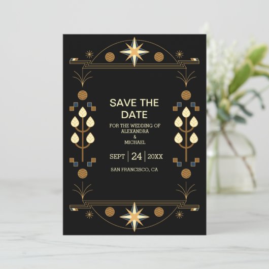 Save The Date Art déco moderne Mariage noir et or (Debout devant)