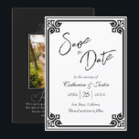 Save The Date Art déco moderne Peacock noir blanc Mariage photo<br><div class="desc">L'Art déco moderne Peacock noir blanc Mariage photo Save The Date allie élégance Art déco à une touche moderne, avec un motif paon blanc. Ce design comprend des photos personnalisées, de la typographie classique et de la calligraphie moderne, créant une esthétique luxueuse et romantique. Le paon symbolise la beauté et...</div>