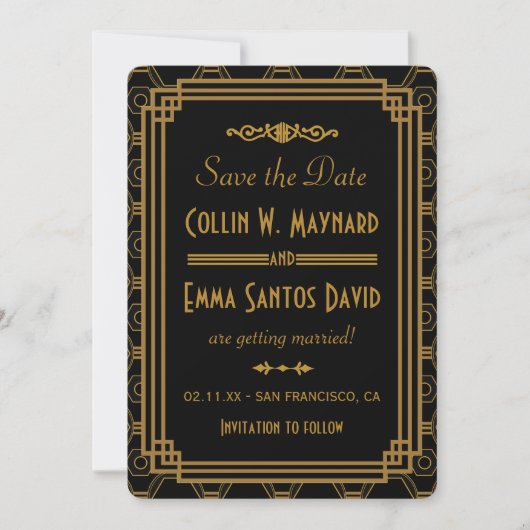 Save The Date Art Déco Noir Enregistrer Les Dates (Devant)