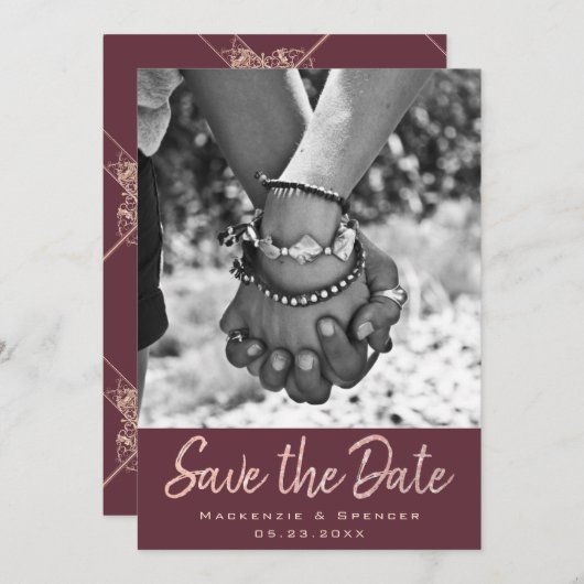Save The Date Art déco Nouveau | Burgundy Rose Gold Blush Photo (Devant / Derrière)