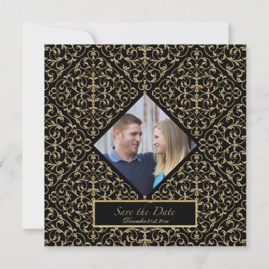 Save The Date Art Déco Nouveau Dentelle Damas Golden Calligraphi (Devant)
