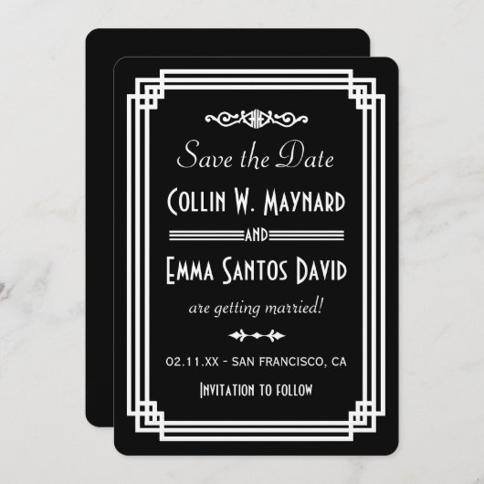 Save The Date Art Déco Simple Noir & Blanc Enregistrer La Date (Devant / Derrière)