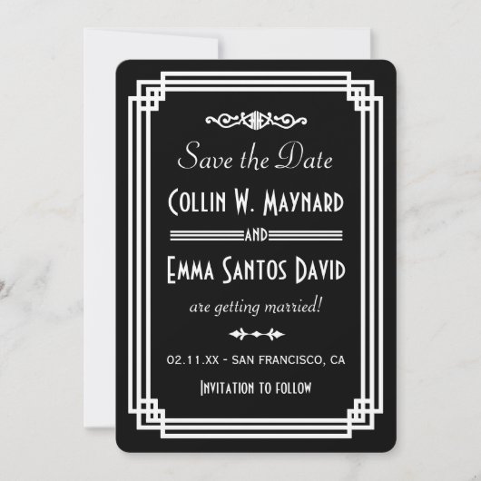 Save The Date Art Déco Simple Noir & Blanc Enregistrer La Date (Devant)