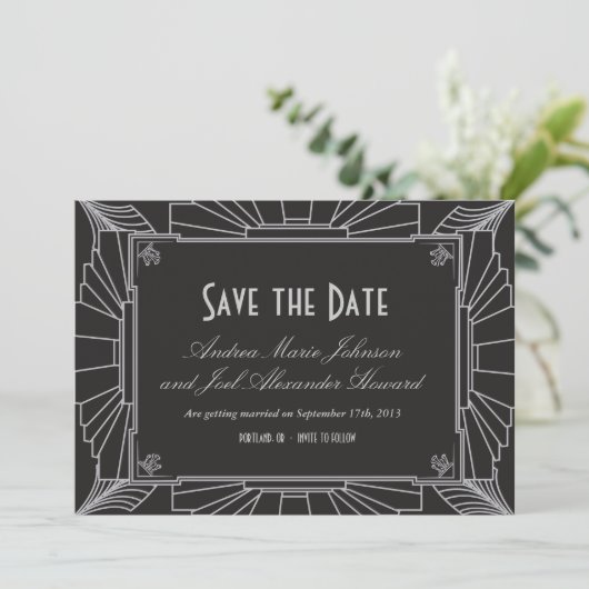 Save The Date Art Déco Style Mariage Enregistrer la date (Argent (Debout devant)