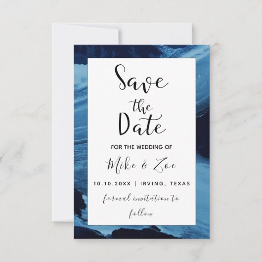 Save The Date Art élégant moderne avec coup de pinceau bleu et n (Devant)