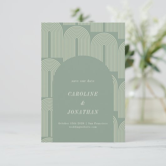 Save The Date Art moderne Arch Line Sage Vert Mariage formel (Debout devant)