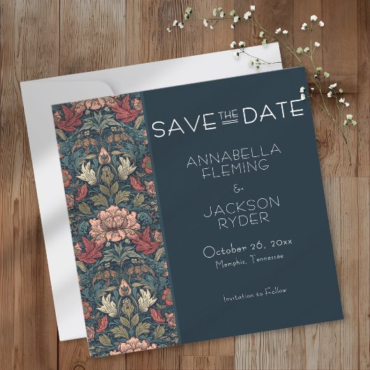 Save The Date Art Nouveau Blue William Morris Floral Wedding