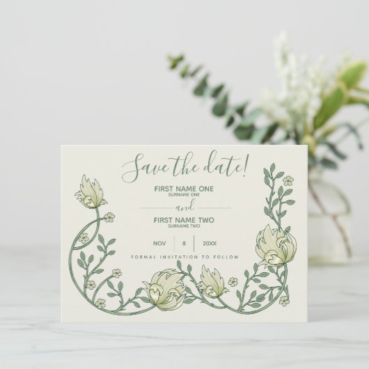 Save The Date Art Nouveau Botanique, joli script (Debout devant)