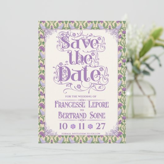 Save The Date Art Nouveau Élégants Inséparables Jaune Clair (Debout devant)