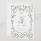Save The Date Art Nouveau Floral Mariage vert et rose (Devant)