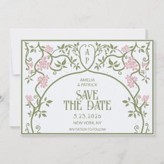 Save The Date Art Nouveau Floral Mariage vert et rose