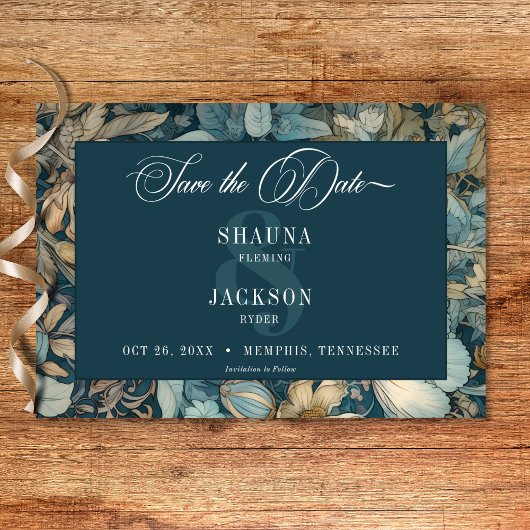 Save The Date Art Nouveau Turquoise William Morris Floral Mariag