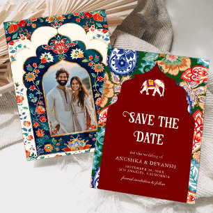 Save The Date Art populaire indien vibrant Elephant Mariage roug