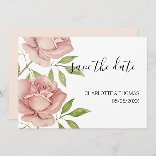 Save The Date Artistic Blush Rose aquarelle  peint à la main (Devant / Derrière)
