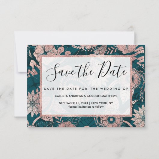 Save The Date Artsy Moderne Rose Or Emerald Green Flowers (Devant)