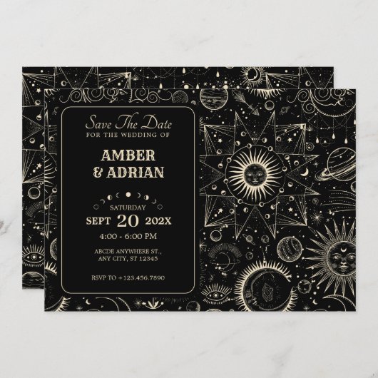 Save The Date Astrologie magique Boho mariage céleste (Devant / Derrière)