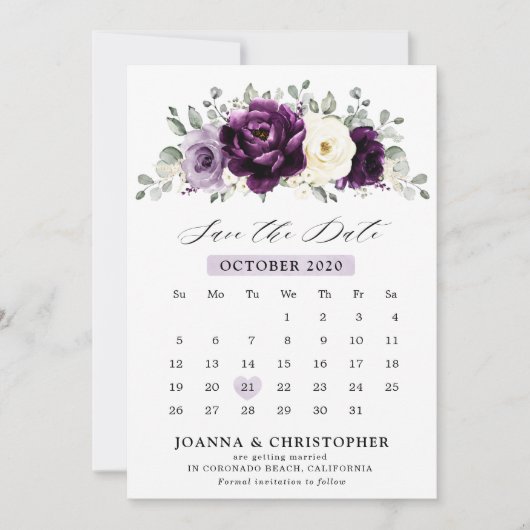 Save The Date Aubergine Plum violet Ivory Blanc Floral Calendrie (Devant)