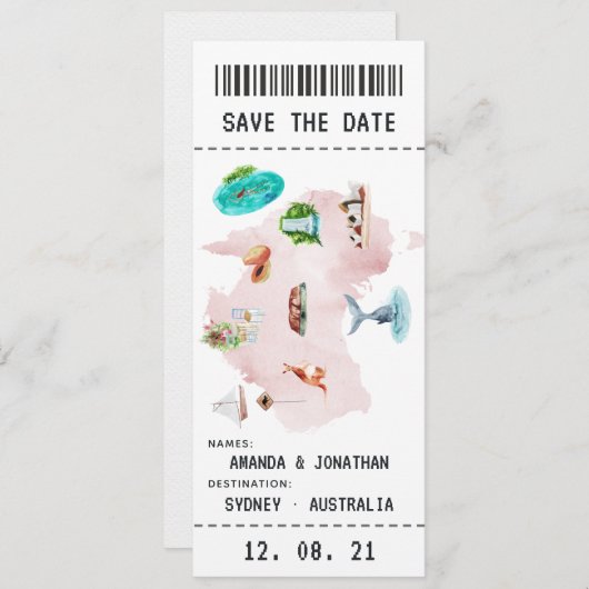 Save The Date Australian Mariage Boarding Pass Enregistrer la da (Devant / Derrière)