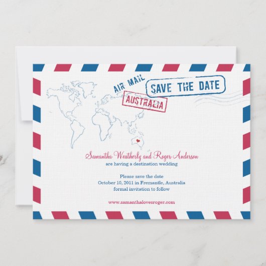 Save The Date Australie Air Mail Wedding Enregistrer La Date (Devant)