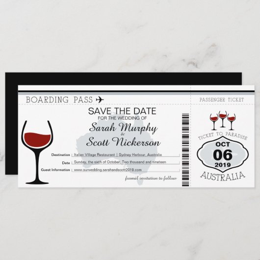 Save The Date Australie Boarding Pass Enregistrer la date (Devant / Derrière)