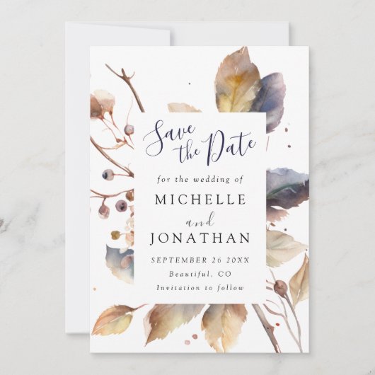 Save The Date Automne Bleu Or Feuilles Aquarelle Christian Maria (Devant)