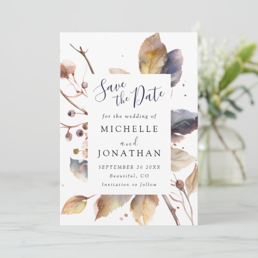 Save The Date Automne Bleu Or Feuilles Aquarelle Christian Maria (Debout devant)