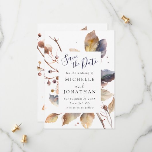 Save The Date Automne Bleu Or Feuilles Aquarelle Christian Maria (Devant/Arrière en situation)