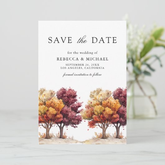 Save The Date Automne Burgundy Arbres QR Code Mariage photo (Debout devant)