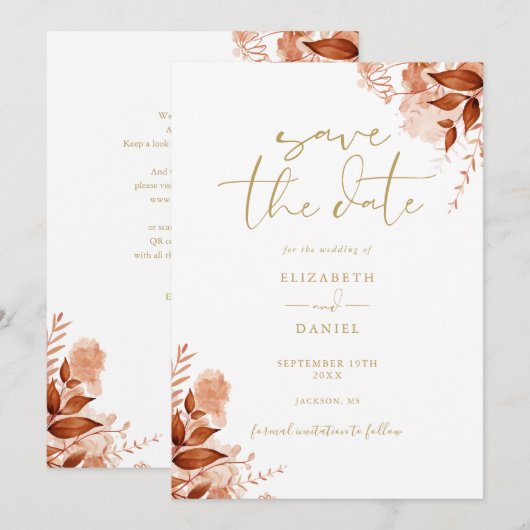 Save The Date Automne doré Floral Code QR Mariage (Devant / Derrière)