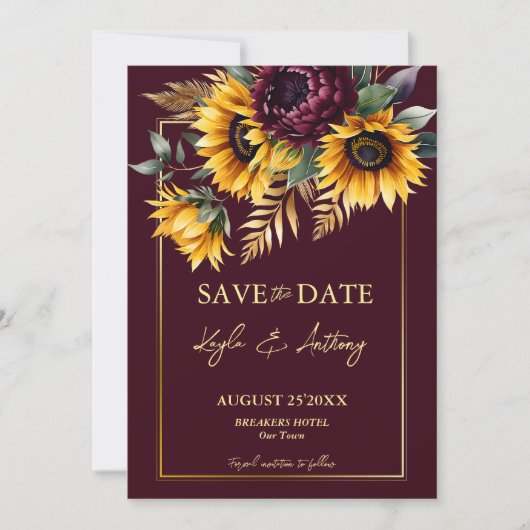 Save The Date Automne été mariage bordeaux tournesols (Devant)