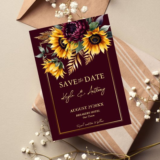 Save The Date Automne été mariage bordeaux tournesols
