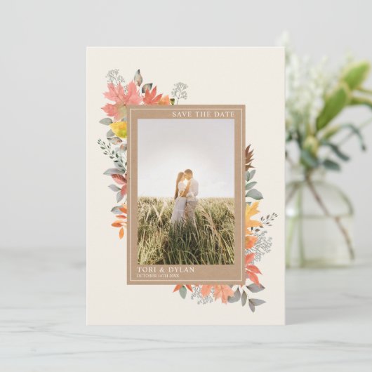 Save The Date Automne Feuilles Feuillage Mariage Photo (Debout devant)