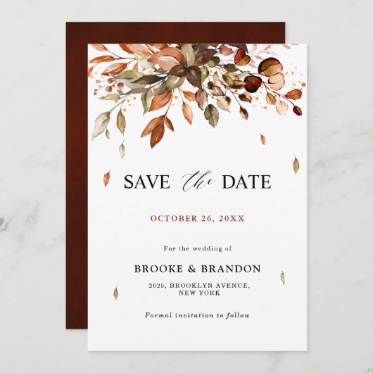 Save The Date Automne Feuilles Russe Pays Boho Mariage Save (Devant / Derrière)