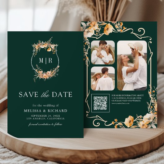 Save The Date Automne Fleur sauvage Crest QR Code Emerald Mariag