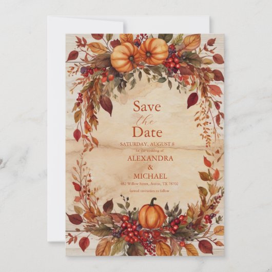Save The Date Automne Floral Citrouille Rustique Mariage (Devant)
