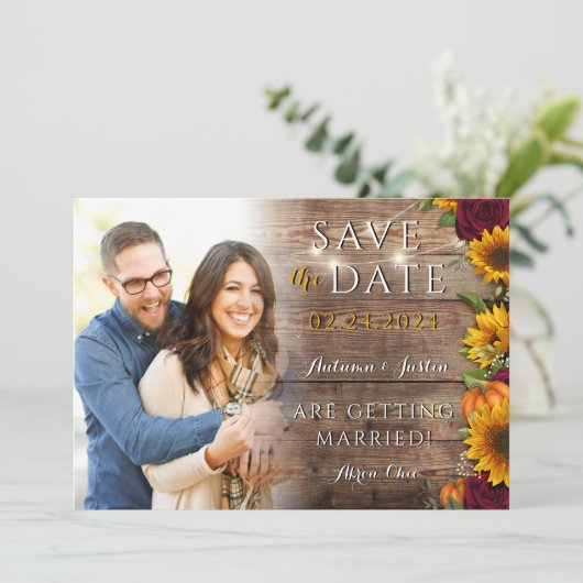 Save The Date Automne Floral Tournesol Rustique Photo Enregistre (Debout devant)