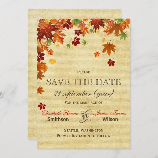Save The Date Automne laisse un Mariage rustique (Devant / Derrière)