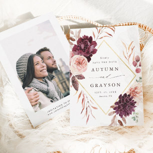 Save The Date Automne Romance Gold Frame Bourgogne Mariage Photo