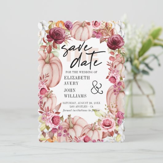 Save The Date Automne Rose Bourgogne Citrouille Enregistrer La D (Debout devant)