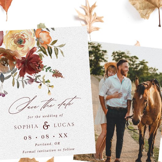 Save The Date Automne Rouille Bourgogne Orange Script Mariage ph