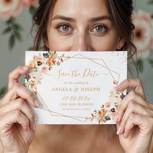 Save The Date Automne Terracotta Orange Or Floral Géométrique