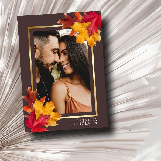 Save The Date Automne Woody Brown & Elegant Golden Frame Mariage