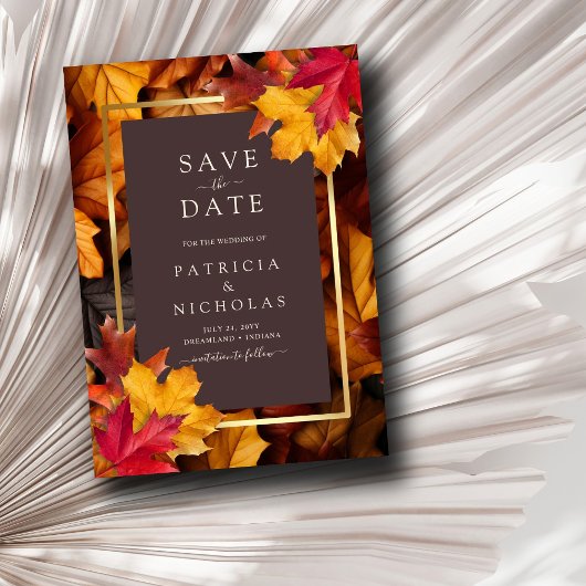 Save The Date Automne Woody Brown & Elegant Golden Frame Mariage