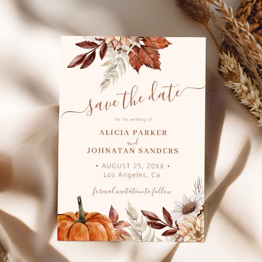 Save The Date Autumn fall boho foliage terracotta cream wedding