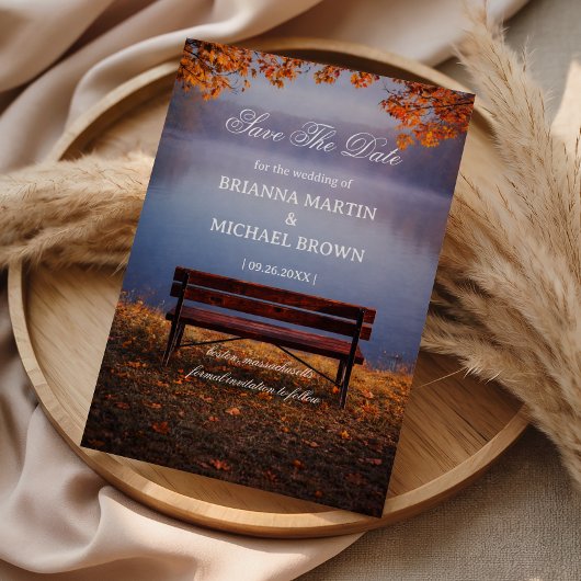 Save The Date Autumn Lake Bench Romantic