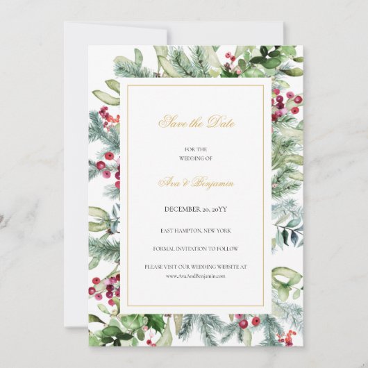 Save The Date Ava Winter Greenery Berries Mariage chrétien (Devant)