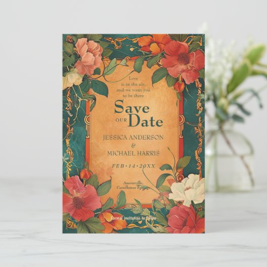 Save The Date 🌹 Avec QR Rose Romance : Art Nouveau Splendor (Debout devant)
