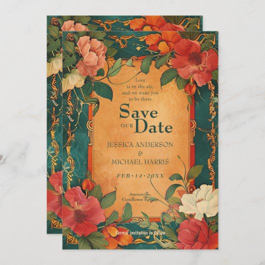 Save The Date 🌹 Avec QR Rose Romance : Art Nouveau Splendor (Devant / Derrière)