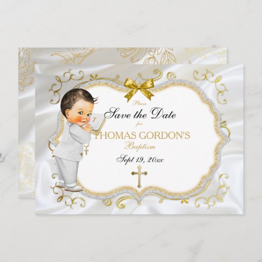 Save The Date Baby Boy Baptism Enregistrer Date Croix d'Or Blanc (Devant / Derrière)
