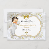 Save The Date Baby Boy Baptism Enregistrer Date Croix d'Or Blanc (Devant)